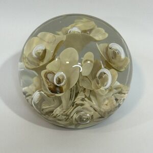 Maude and Bob St. Clair 1978 Vintage Art Glass Paperweight Beige Trumpet Flowers